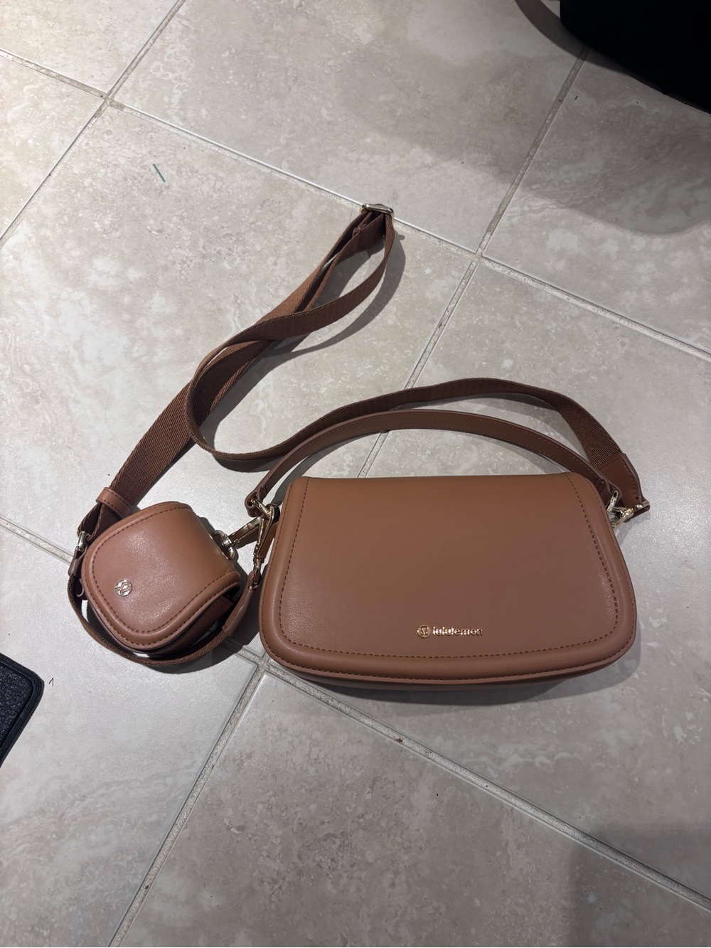 Lululemon Tan Leather Crossbody Bag with Airpod Pouch